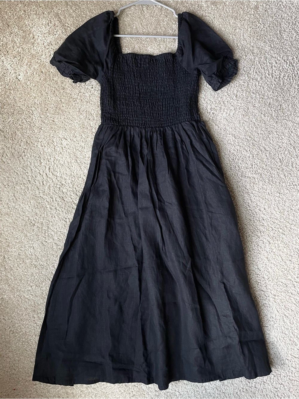 Monoprix Puff Sleeve Smocked Linen Dress